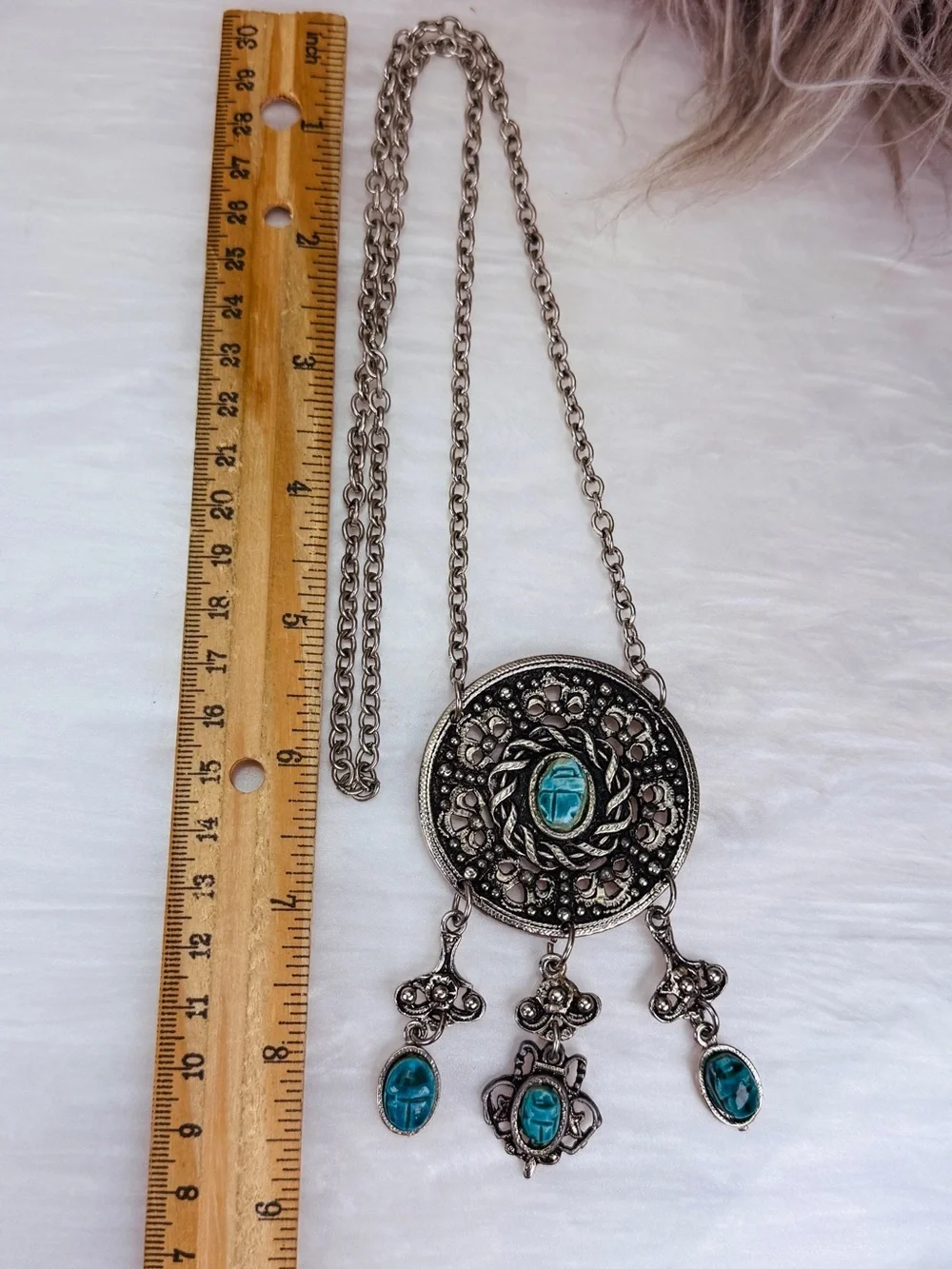 Egyptian Revival Scarab Medallion Necklace Blue Cabochon Dangles Silver Tone
